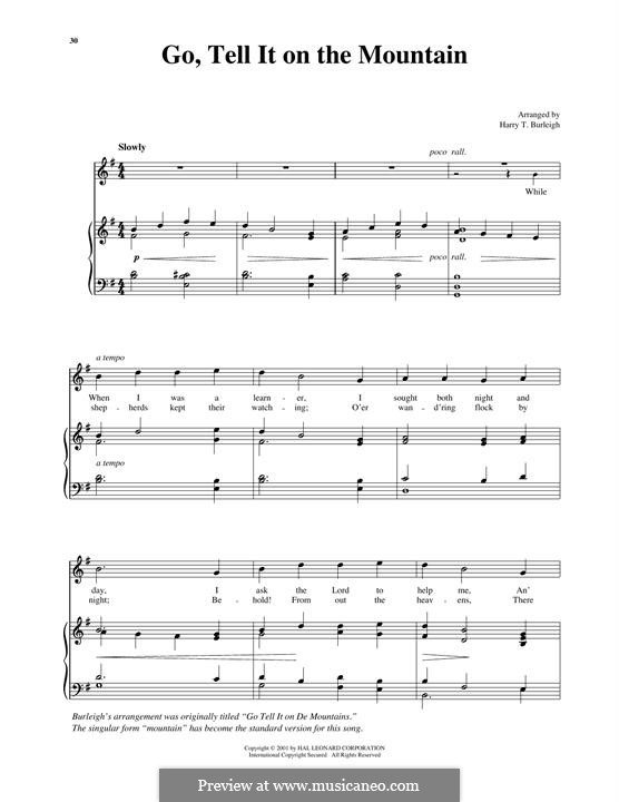 Go, Tell it on the Mountain (Printable Scores): High Voice by folklore
