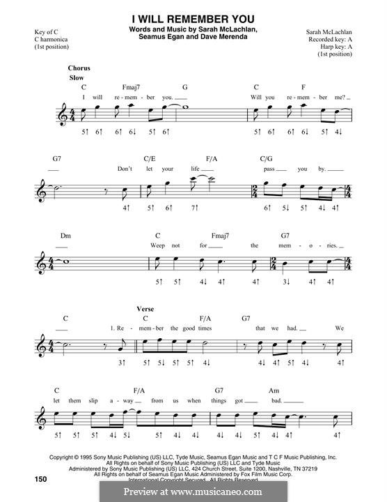 I Will Remember You (Theme from The Brothers McMullen): For harmonica by Dave Merenda, Sarah McLachlan, Seamus Egan