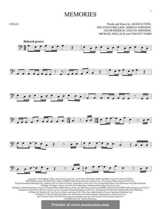Memories (Maroon 5): Для виолончели by Adam Levine, Jacob Kasher Hindlin, Vincent Ford, Jonathan Bellion, Stefan Johnson, Michael Pollack