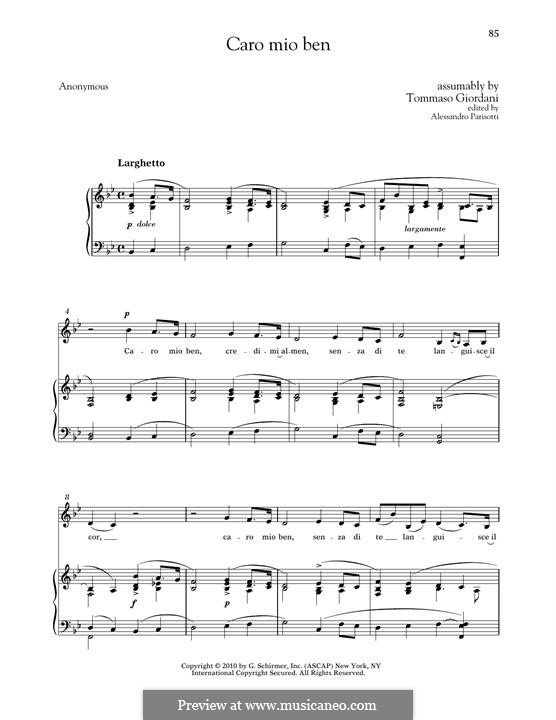 Caro mio ben (O Maiden Dear): Low Voice by Томмазо Джордани