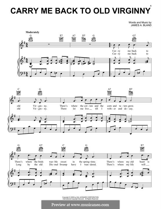 Carry Me Back to Old Virginny: Для голоса и фортепиано (или гитары) by James A. Bland
