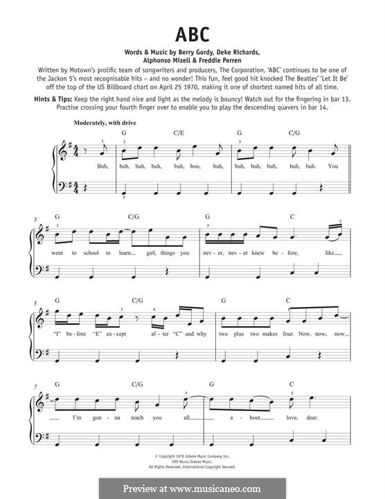 ABC (The Jackson 5): Для фортепиано by Alphonso Mizell, Berry Gordy, Deke Richards, Freddie Perren