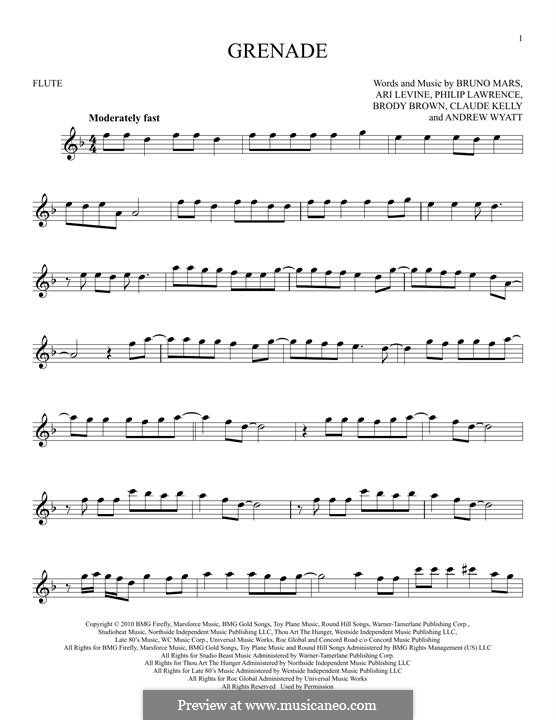 Grenade: Для флейты by Andrew Wyatt, Ari Levine, Christopher Steven Brown, Claude Kelly, Bruno Mars, Philip Lawrence
