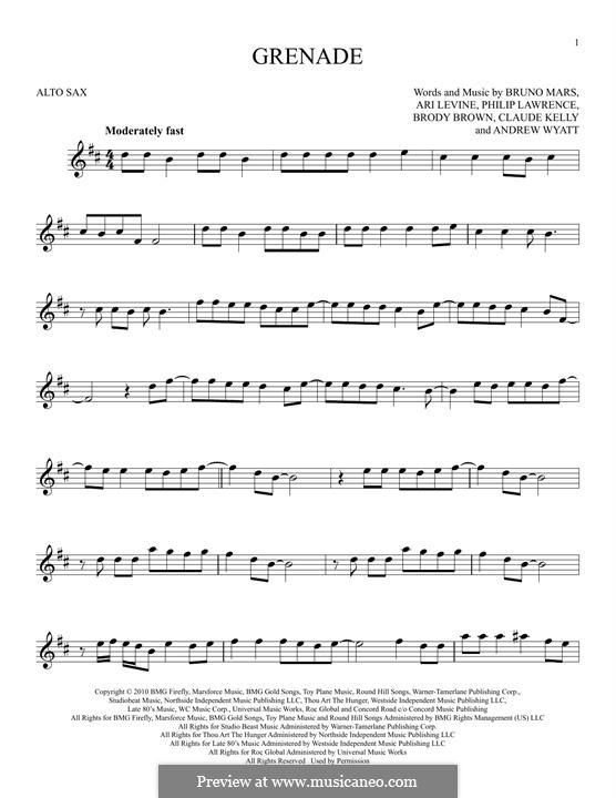 Grenade: Для альтового саксофона by Andrew Wyatt, Ari Levine, Christopher Steven Brown, Claude Kelly, Bruno Mars, Philip Lawrence