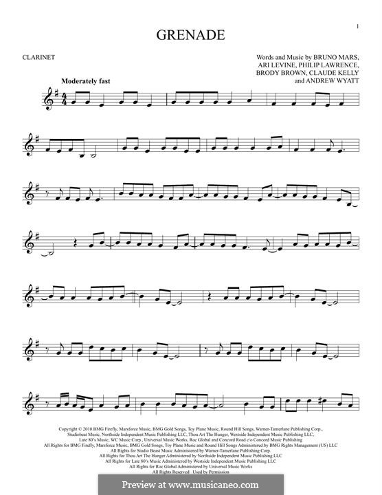 Grenade: Для кларнета by Andrew Wyatt, Ari Levine, Christopher Steven Brown, Claude Kelly, Bruno Mars, Philip Lawrence