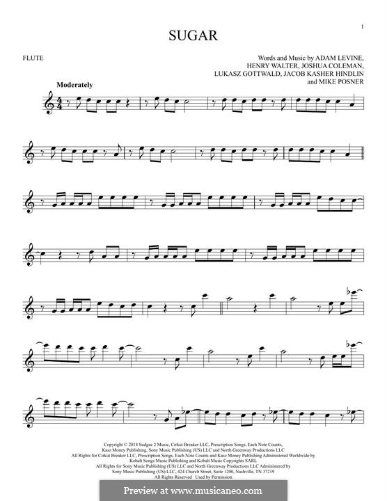 Sugar (Maroon 5): Для флейты by Adam Levine, Jacob Kasher Hindlin, Joshua Coleman, Lukas Gottwald, Mike Posner, Henry Russell Walter