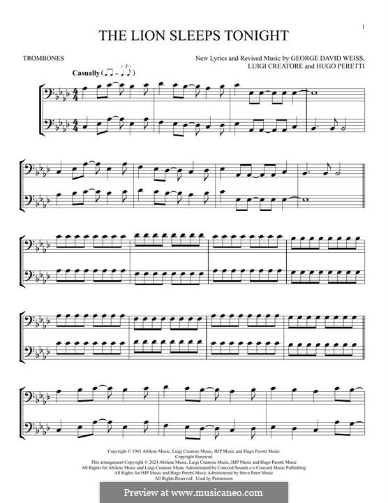 The Lion Sleeps Tonight (Wimoweh): For two trombones by George David Weiss, Hugo Peretti, Luigi Creatore