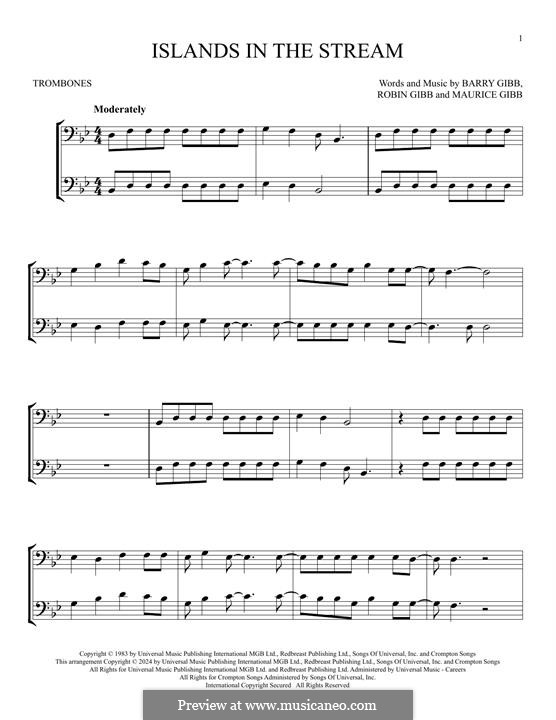 Islands in the Stream (Kenny Rogers and Dolly Parton): For two trombones by Barry Gibb, Maurice Gibb, Robin Gibb