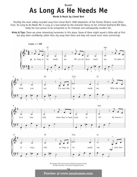 As Long as He Needs Me (from Oliver!): Для фортепиано by Lionel Bart