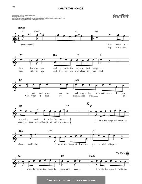 I Write the Songs (Barry Manilow): Мелодия by Bruce Johnston