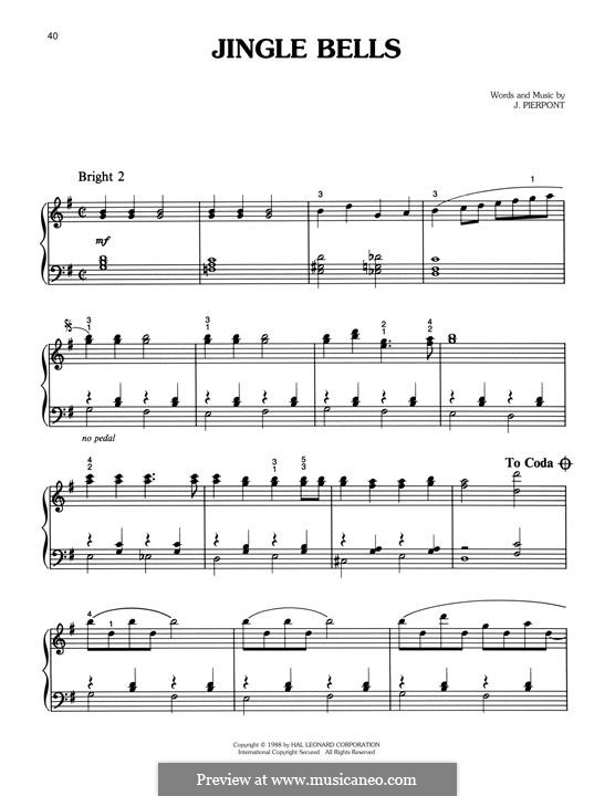 Piano version (printable scores): Для одного исполнителя by James Lord Pierpont