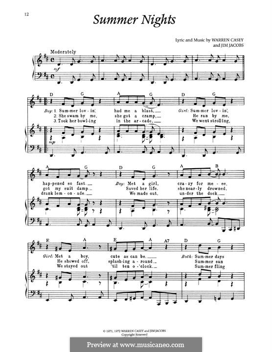 Summer Nights (from Grease): Для голоса и фортепиано by Jim Jacobs, Warren Casey