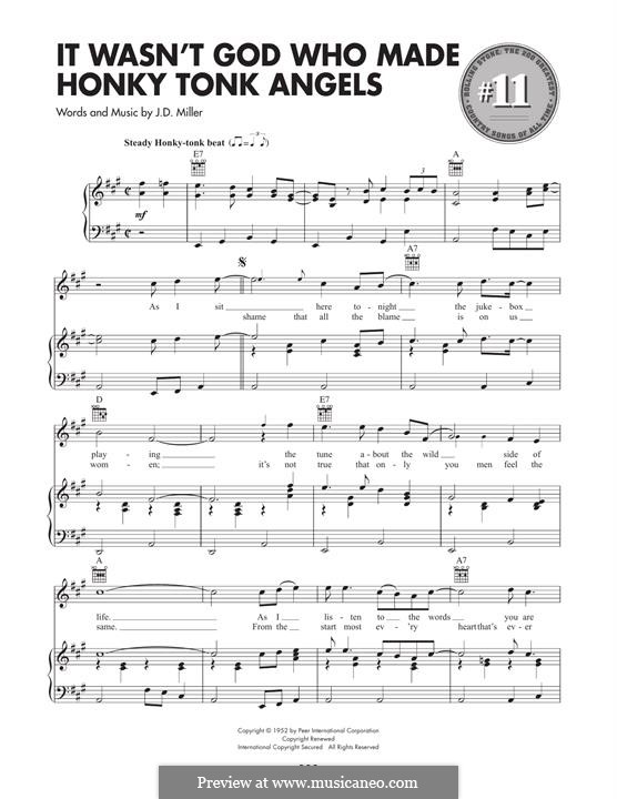 It Wasn't God Who Made Honky Tonk Angels (Patsy Cline): Для голоса и фортепиано (или гитары) by J. D. Miller