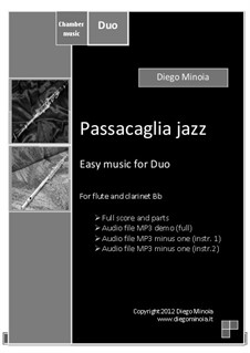 Duet pack No.1 (easy): Passacaglia jazz: For flute and clarinet (sheet+mp3 duet+mp3 minus clarinet+mp3 minus flute) by Diego Minoia