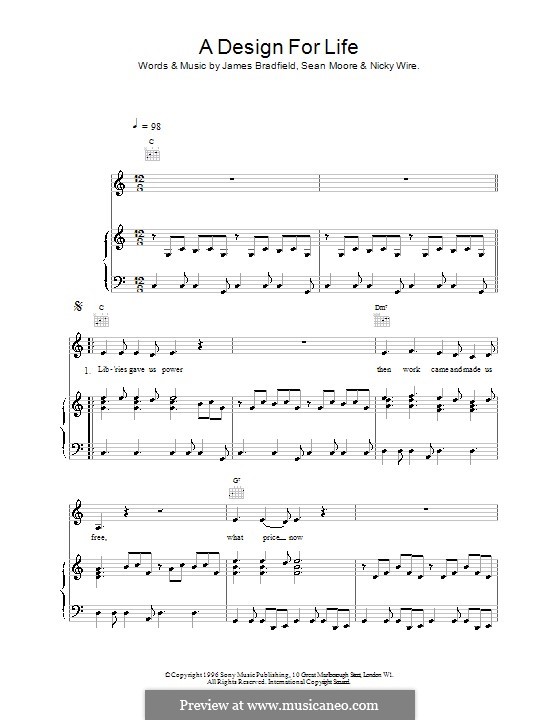 A Design for Life (Manic Street Preachers): Для голоса и фортепиано (или гитары) by James Dean Bradfield, Nicky Wire, Sean Moore