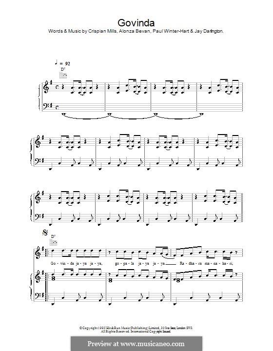 Govinda (Kula Shaker): Для голоса и фортепиано (или гитары) by Alonza Bevan, Crispian Mills, Jay Darlington, Paul Winter-Hart