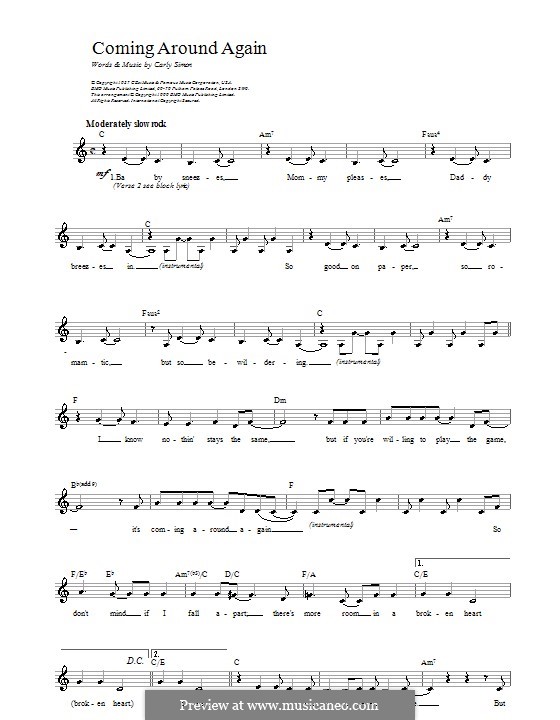 Coming Around Again: Мелодия, текст и аккорды by Carly Simon