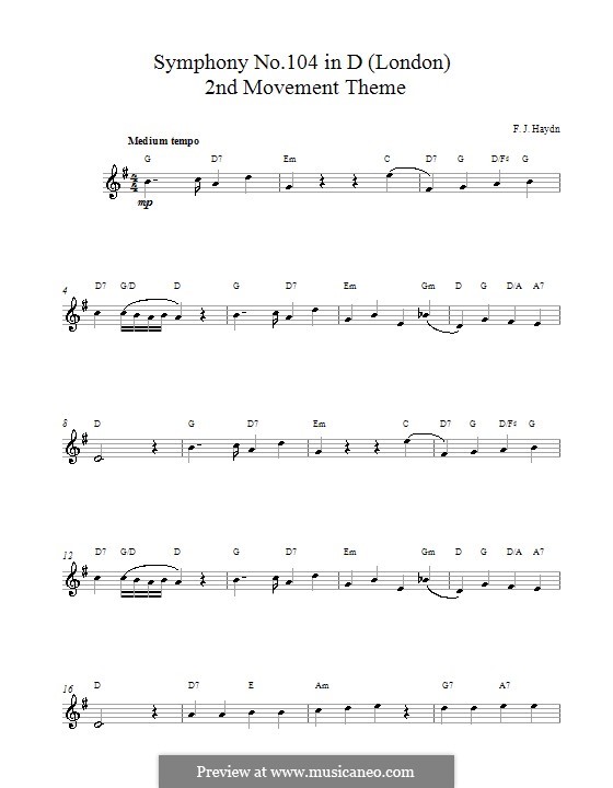 Симфония No.104 ре мажор 'Лондонская', Hob.I/104: Movement II. Melody line and chords by Йозеф Гайдн