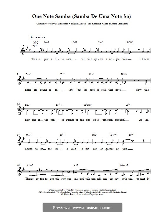 One Note Samba (Samba De Uma Nota): Мелодия, текст и аккорды by Antonio Carlos Jobim
