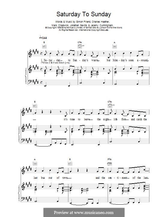 Saturday to Sunday (The Levellers): Для голоса и фортепиано (или гитары) by Charles Heather, Jeremy Cunningham, Jonathan Sevink, Mark Chadwick, Simon Friend