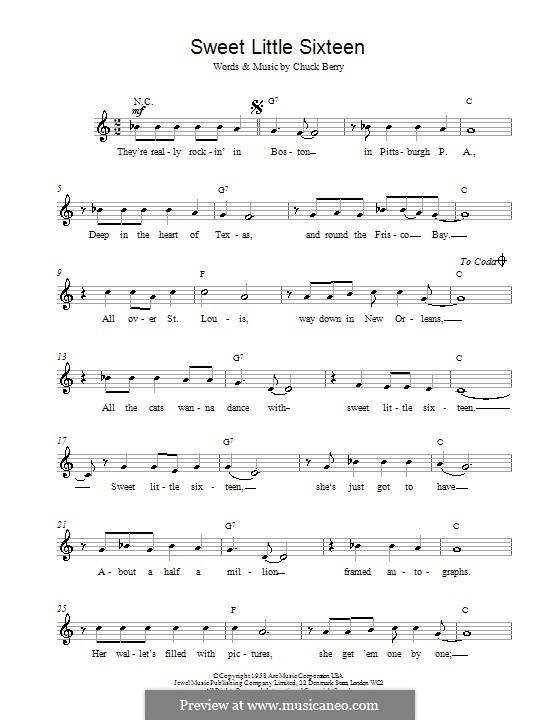 Sweet Little Sixteen: Мелодия, текст и аккорды by Chuck Berry