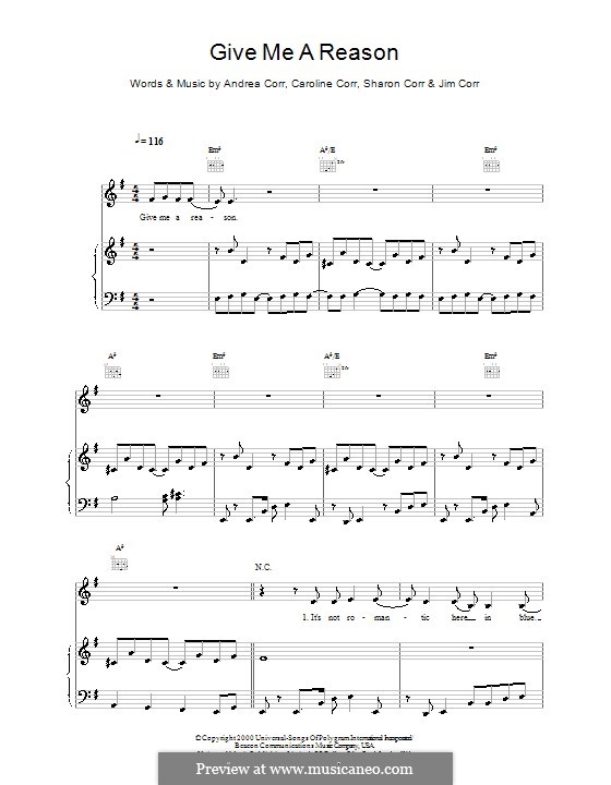 Give Me a Reason (The Corrs): Для голоса и фортепиано (или гитары) by Andrea Corr, Caroline Corr, Jim Corr, Sharon Corr