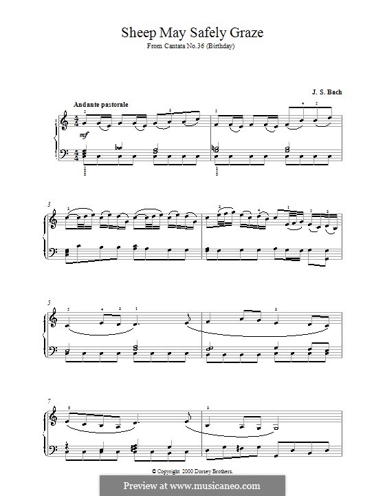 Sheep May Safely Graze (Printable Scores): Для фортепиано (до мажор) by Иоганн Себастьян Бах