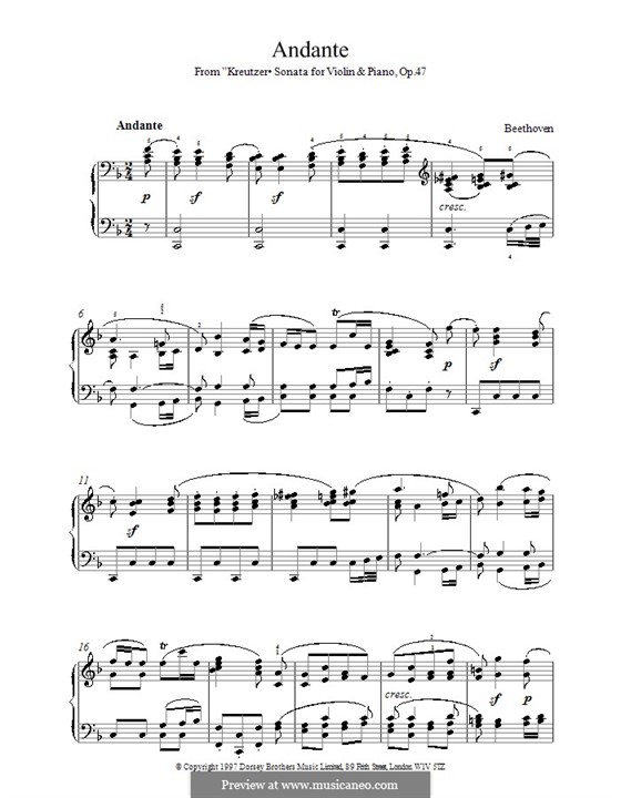 Соната для скрипки с фортепиано No.9 'Крейцерова', Op.47: Часть II. Версия для фортепиано by Людвиг ван Бетховен
