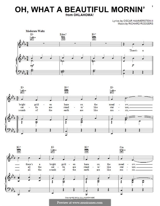 Oh, What a Beautiful Mornin' (from 'Oklahoma!'): Для голоса и фортепиано (или гитары) by Richard Rodgers