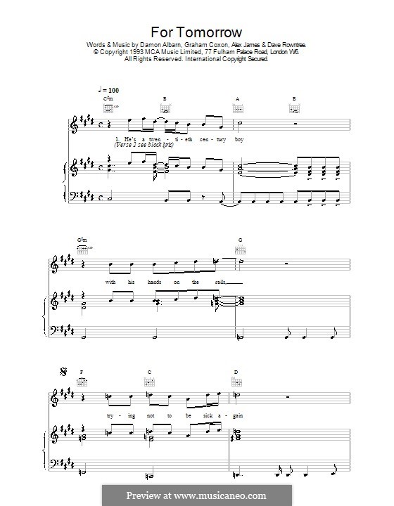 For Tomorrow (Blur): Для голоса и фортепиано (или гитары) by Alex James, Damon Albarn, David Rowntree, Graham Coxon