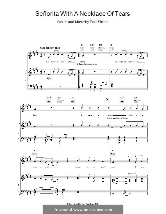 Senorita with a Necklace of Tears: Для голоса и фортепиано (или гитары) by Paul Simon