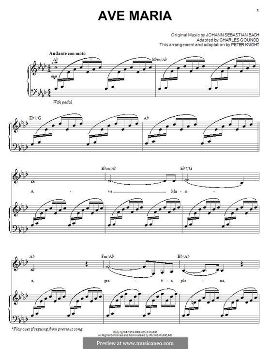Ave Maria (Printable Sheet Music): Для голоса и фортепиано или гитары (ля-бемоль мажор) by Иоганн Себастьян Бах, Шарль Гуно