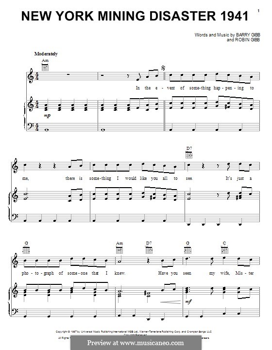 New York Mining Disaster 1941 (The Bee Gees): Для голоса и фортепиано (или гитары) by Barry Gibb, Robin Gibb