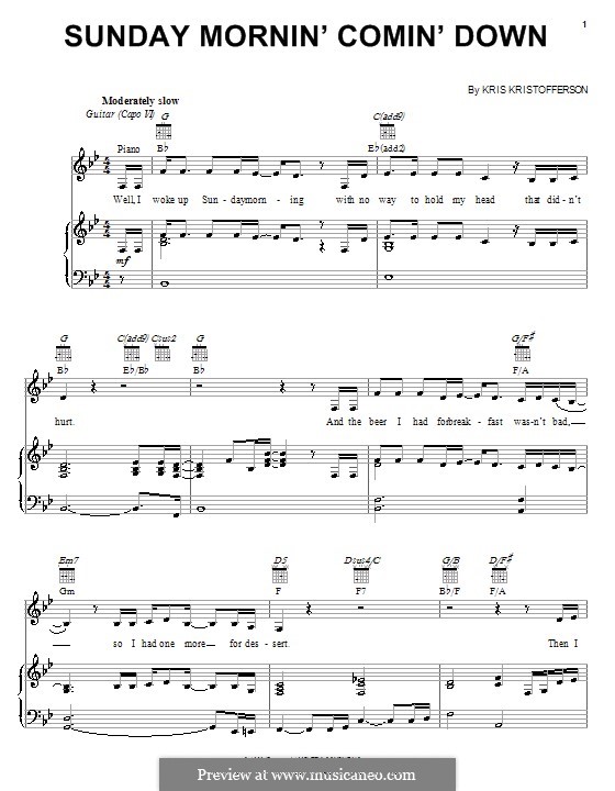 Sunday Mornin' Comin' Down: Для голоса и фортепиано (или гитары) by Kris Kristofferson