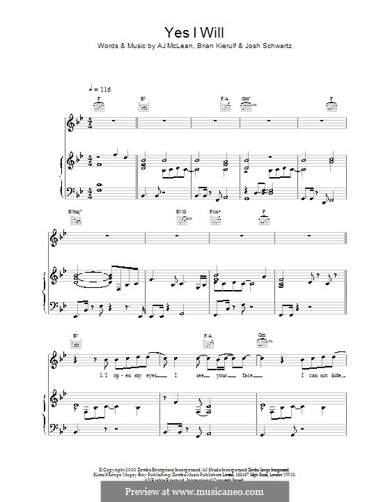 Yes I Will (Boyzone): Для голоса и фортепиано (или гитары) by A.J McLean, Brian Kierulf, Joshua Schwartz