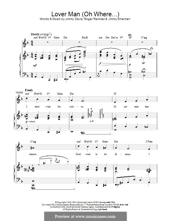 Lover Man (Oh, Where Can You Be?): Для фортепиано by Jimmie Davis, Jimmy Sherman, Roger Ramirez