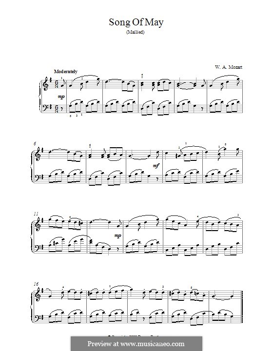 Песни для голоса и фортепиано: No.2 Song of May. Version for piano by Вольфганг Амадей Моцарт