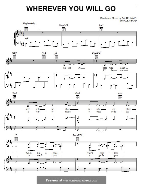 Wherever You Will Go (The Calling): Для голоса и фортепиано (или гитары) by Aaron Kamin, Alex Band