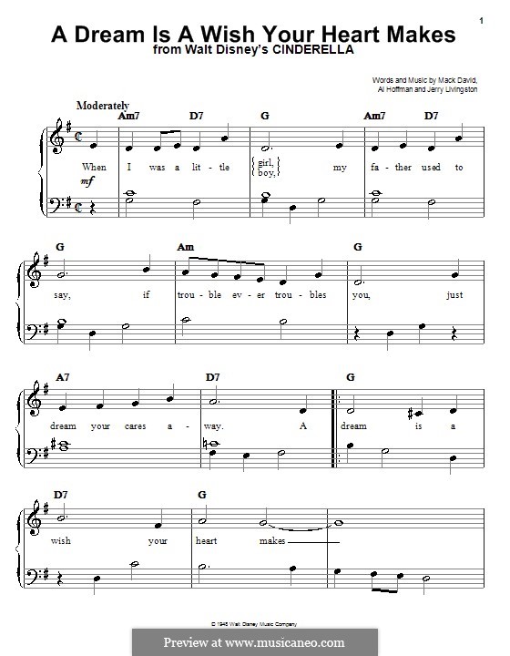 A Dream Is a Wish Your Heart Makes (from Disney's Cinderella): Для фортепиано (легкий уровень) by Al Hoffman, Jerry Livingston, Mack David