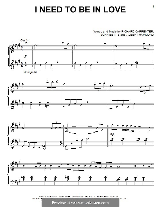 I Need To Be in Love (Carpenters): Для фортепиано by Albert Hammond, John Bettis, Richard Carpenter