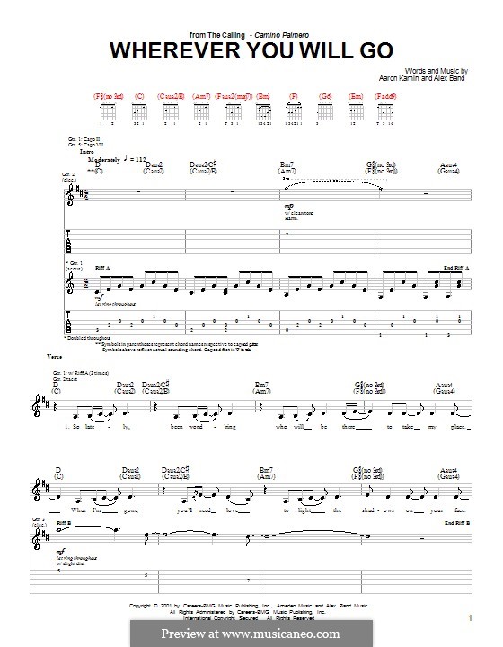 Wherever You Will Go (The Calling): Гитарная табулатура by Aaron Kamin, Alex Band