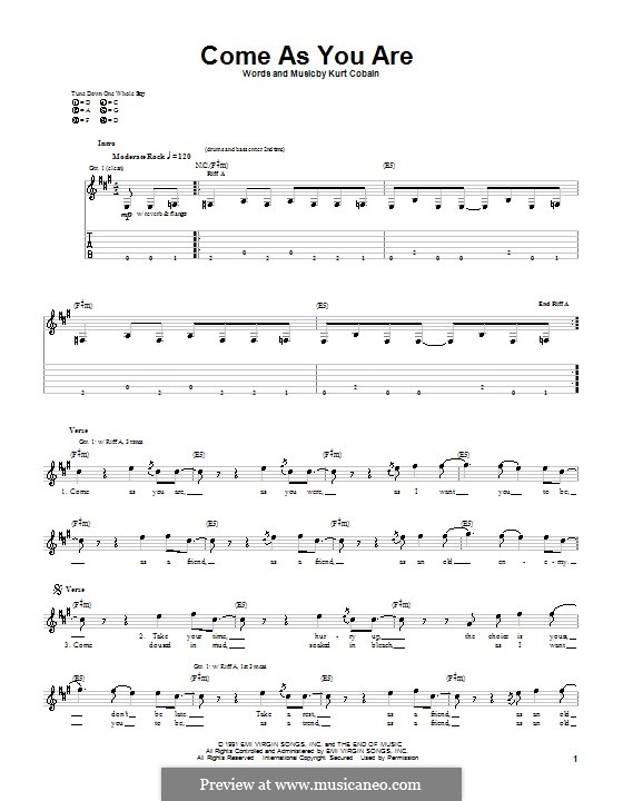 Come as You Are (Nirvana): Гитарная табулатура by Kurt Cobain