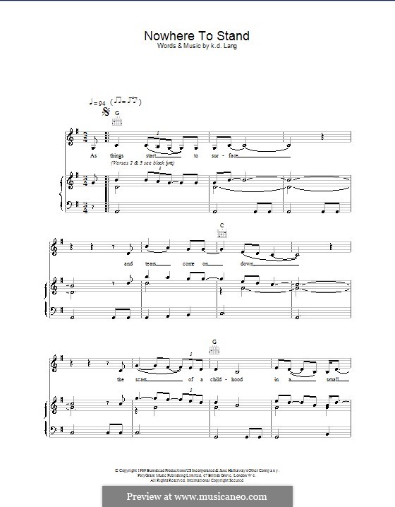 Nowhere To Stand: Для голоса и фортепиано (или гитары) by k.d. lang