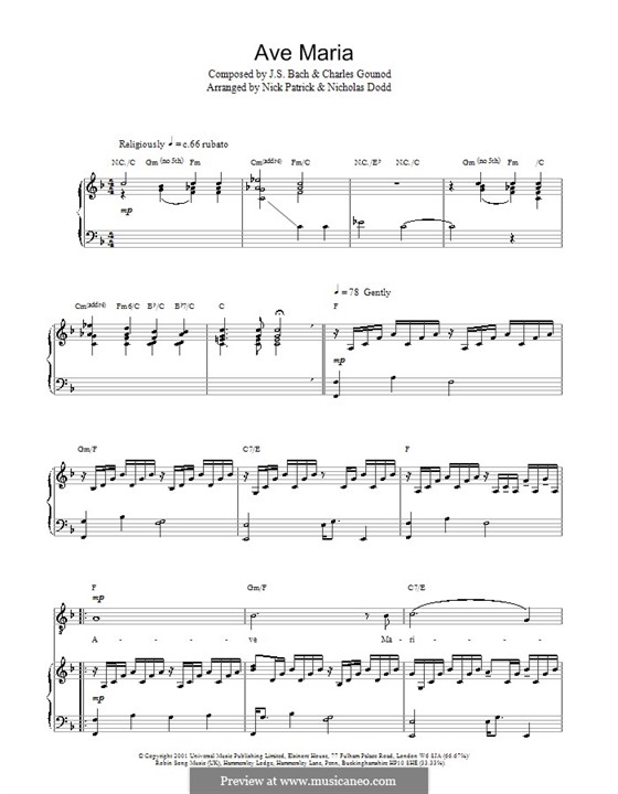 Ave Maria (Printable Sheet Music): Для голоса и фортепиано или гитары (фа мажор) by Иоганн Себастьян Бах, Шарль Гуно