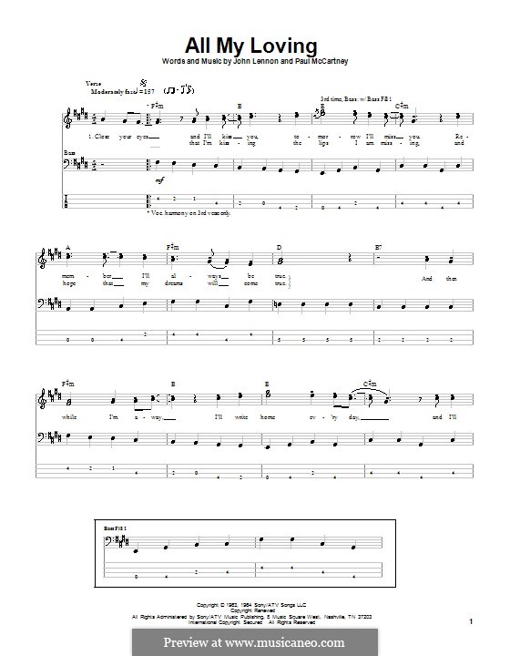 All My Loving (for guitar or piano): Для бас-гитары с табулатурой by John Lennon, Paul McCartney