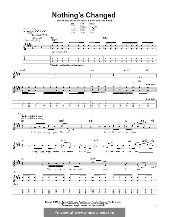 Nothing's Changed (The Calling): Гитарная табулатура by Aaron Kamin, Alex Band