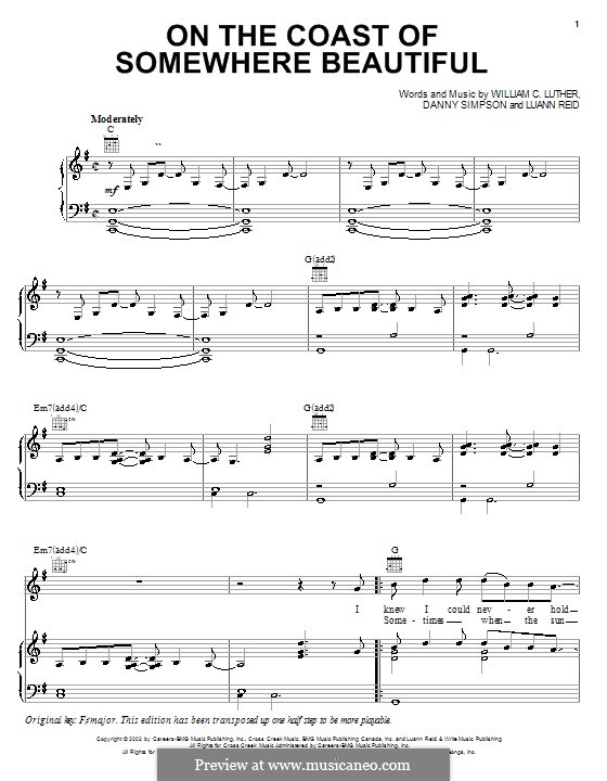 On the Coast of Somewhere Beautiful (Kenny Chesney): Для голоса и фортепиано (или гитары) by Danny Simpson, Luann Reid, William C. Luther