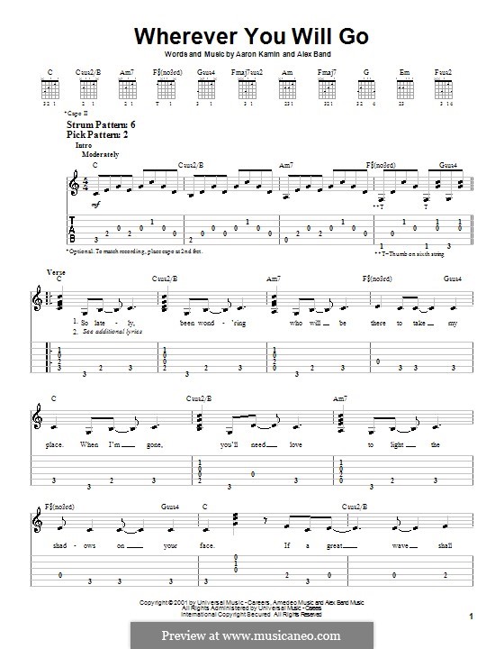 Wherever You Will Go (The Calling): Для гитары (очень легкая версия) by Aaron Kamin, Alex Band