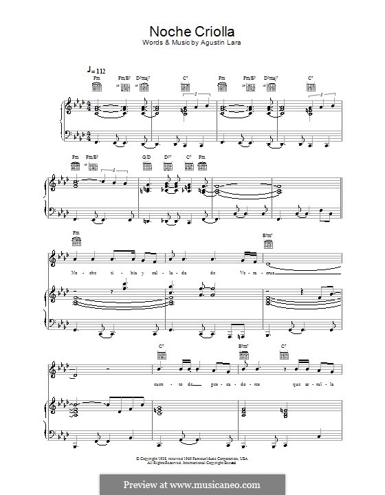 Noche Criolla (Placido Domingo): Для голоса и фортепиано (или гитары) by Agustin Lara