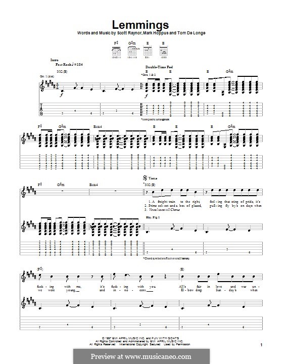 Lemmings (Blink-182): Гитарная табулатура by Mark Hoppus, Scott Raynor, Tom DeLonge